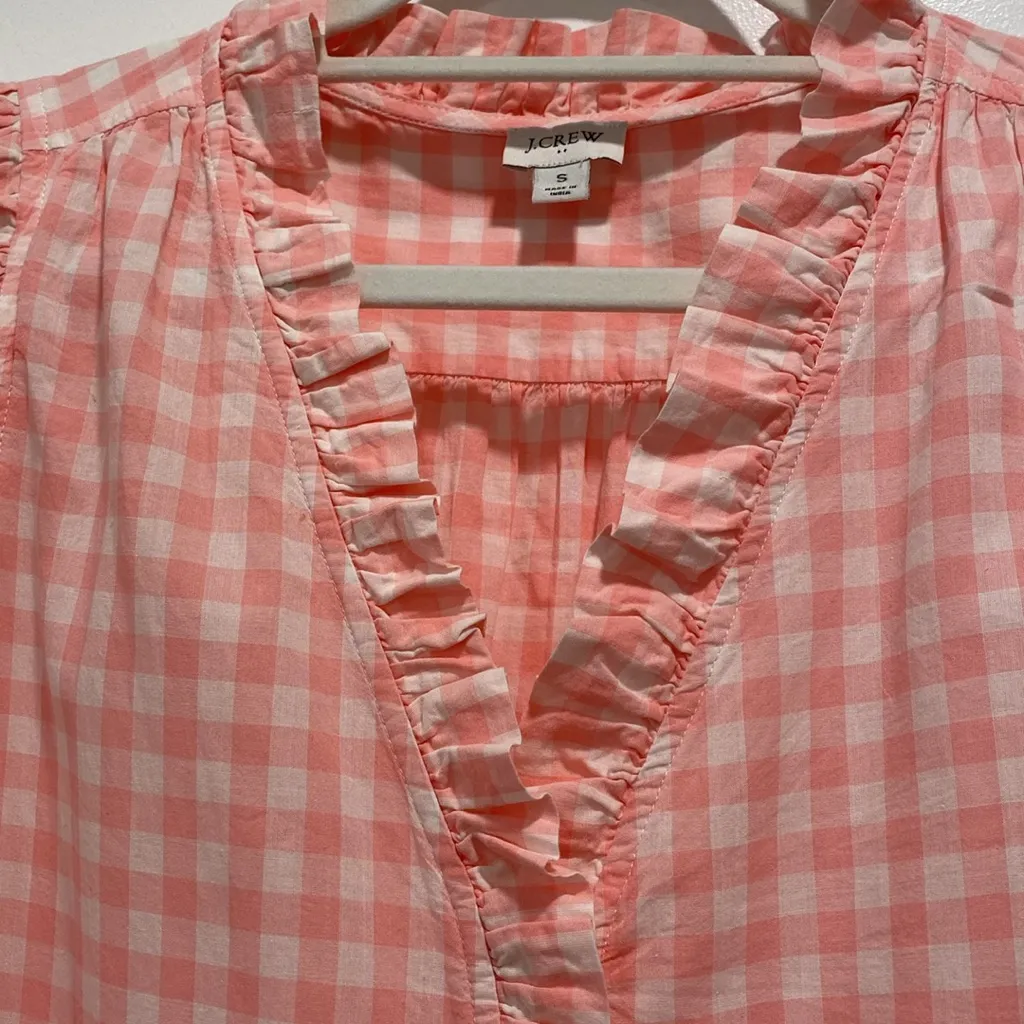 J. Crew Pink Gingham Ruffle Blouse size Small - Image 3