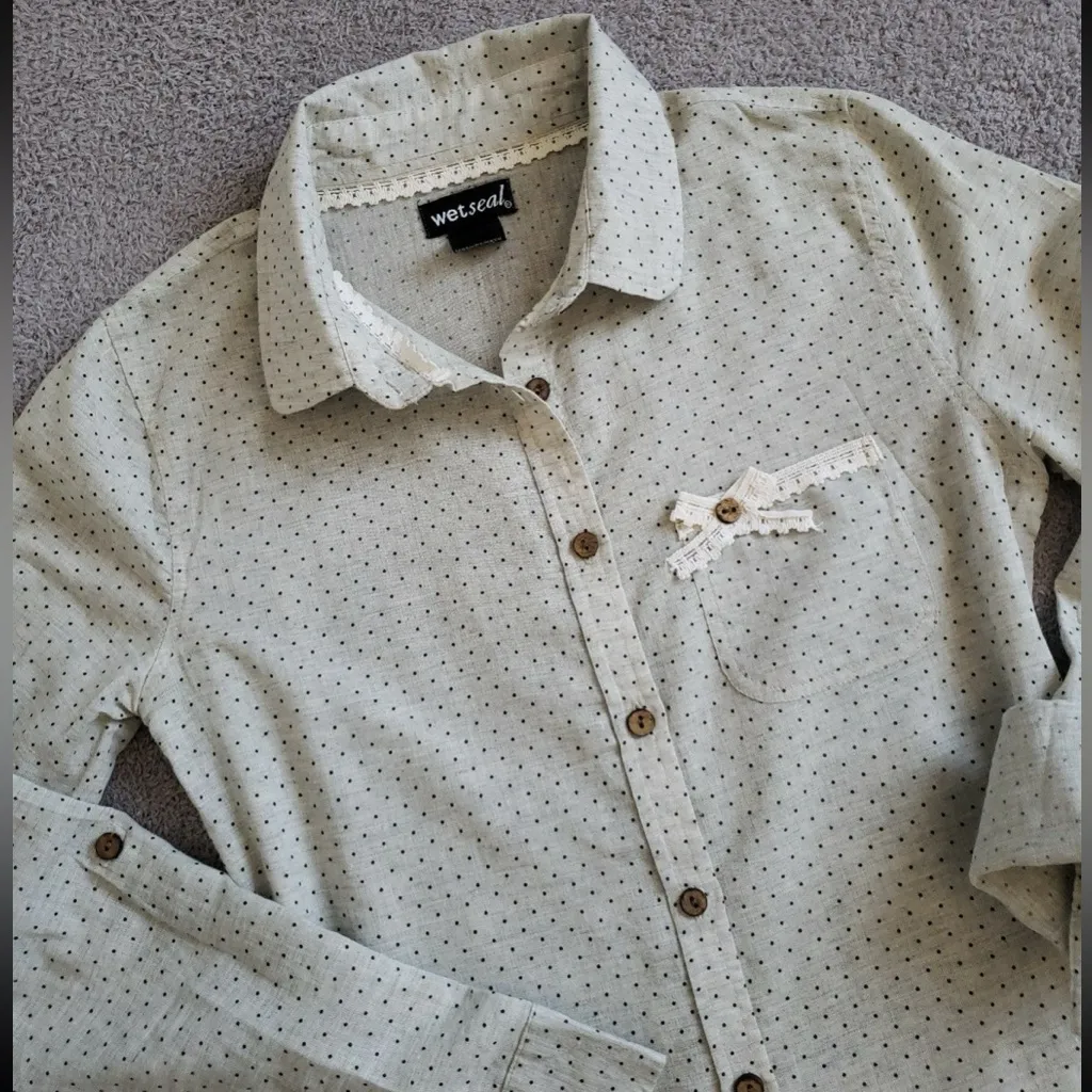 Vintage Wet Seal Cream Polka Dot Button-Down Shirt with Lace Bow | 100% Cotton ✿ - Image 9