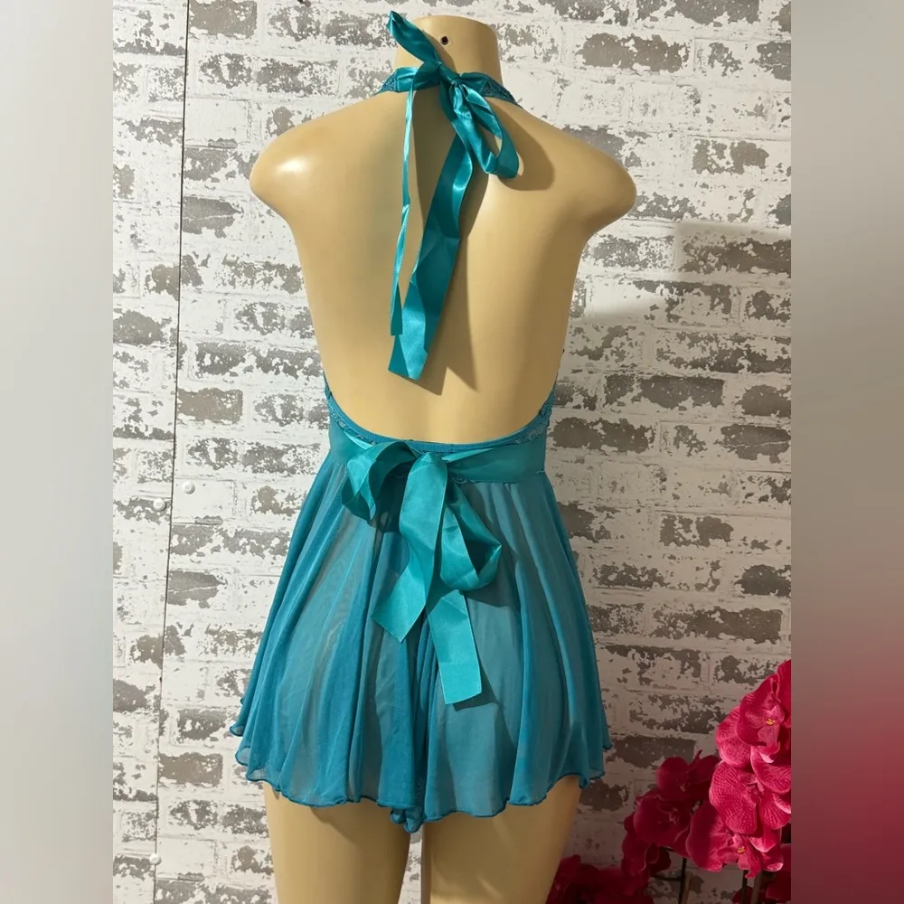 Elegant Teal Lace Halter Chemise - Image 6