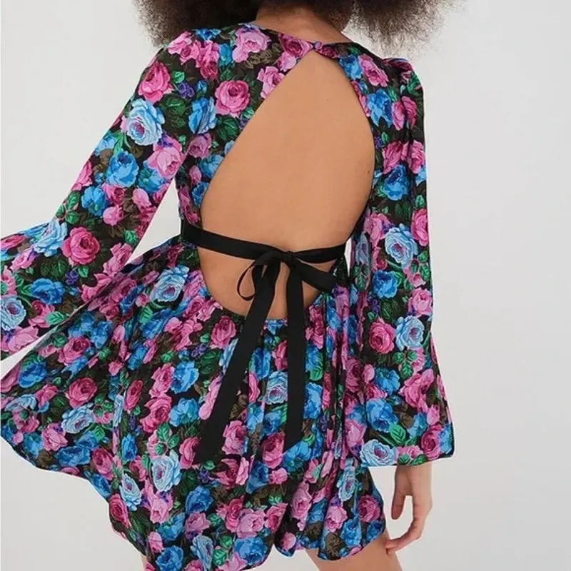 For Love & Lemons Womens Maggie Mini Dress XS Floral Babydoll NEW Open Back Rose Pink - Image 2