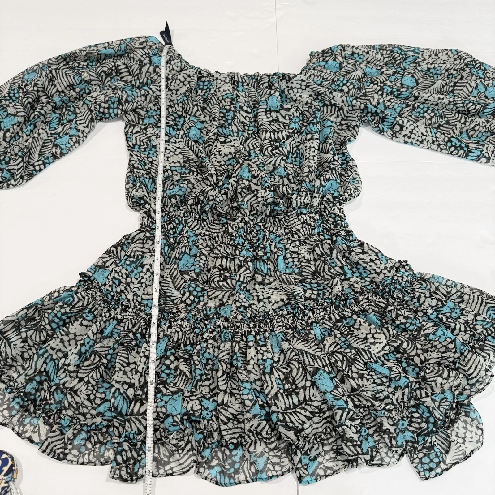MISA Los Angeles Zonia Blue White Off Shoulder Ruffle Dress Size MEDIUM Revolve - Image 10