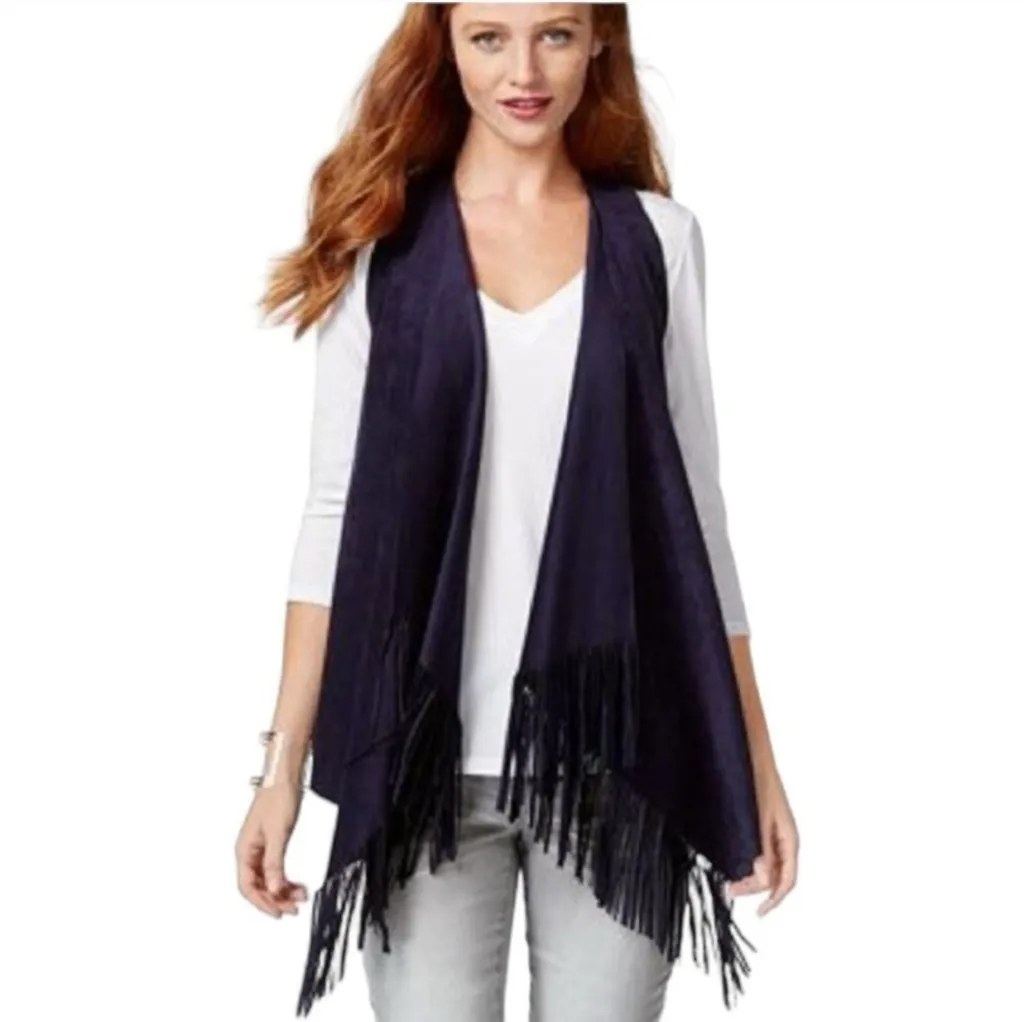 Stylish navy blue vest with fringe detailing. Perfect for layering. Size M‎ Size M - Image 3