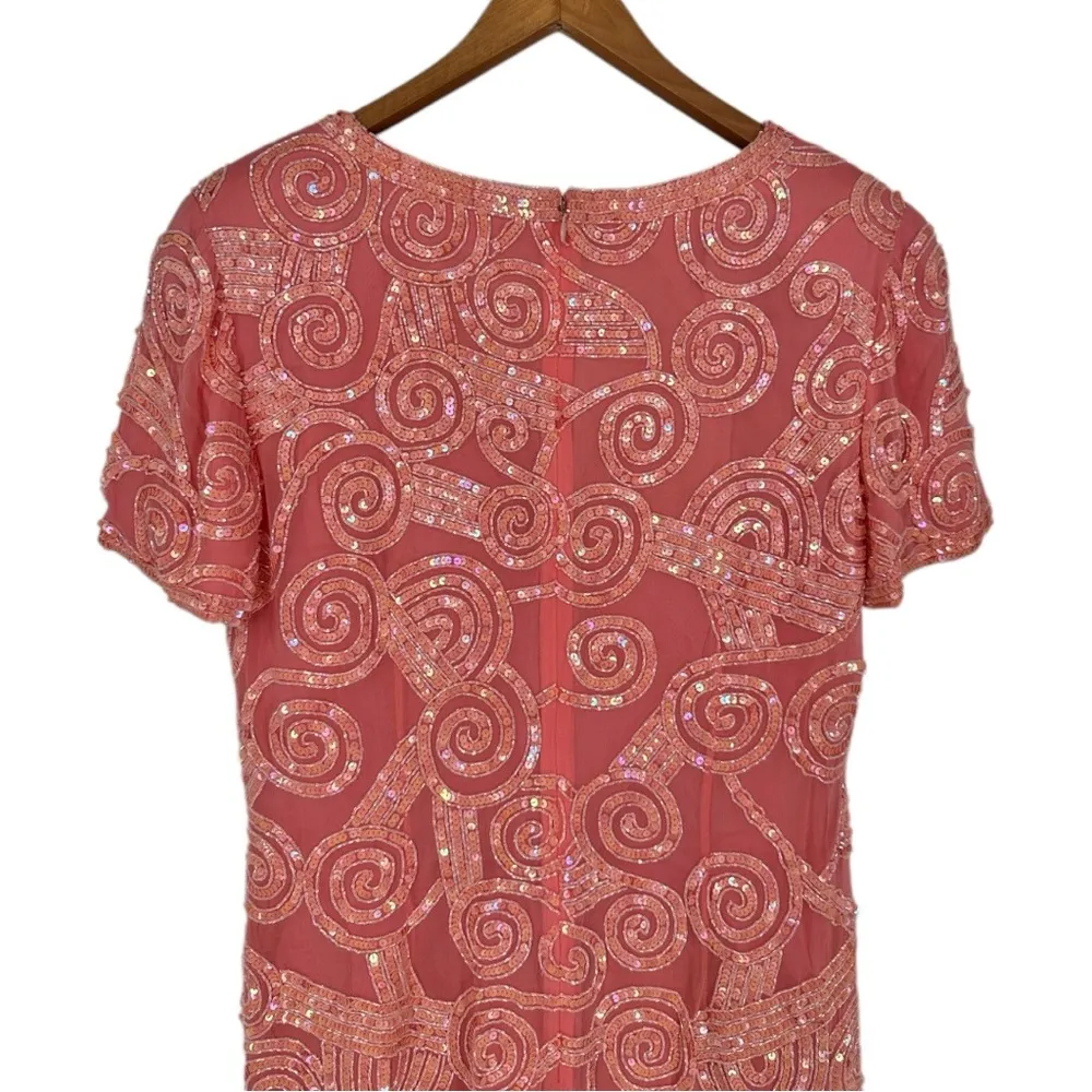 Oleg Cassini Black Tie Peachy Pink Sequin Beaded Mini Dress Embellished size 12 - Image 6