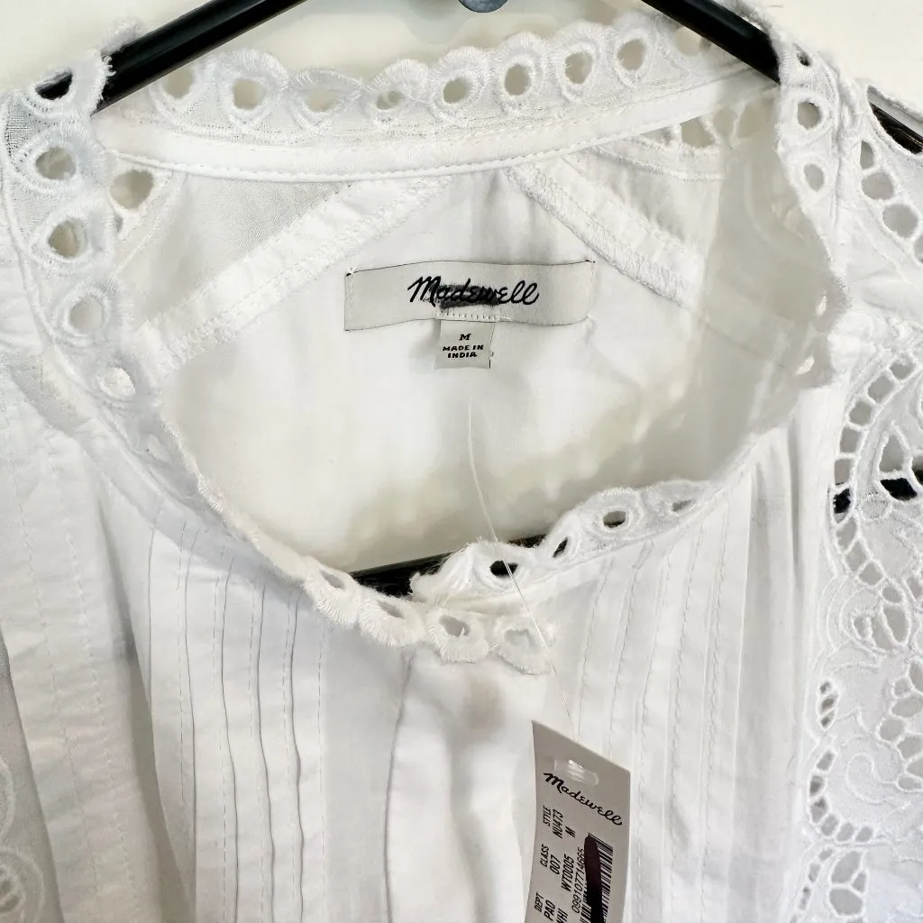 NWT Madewell White Lace-Inset Pintucked Button-Up Top - Size: Medium - Image 4