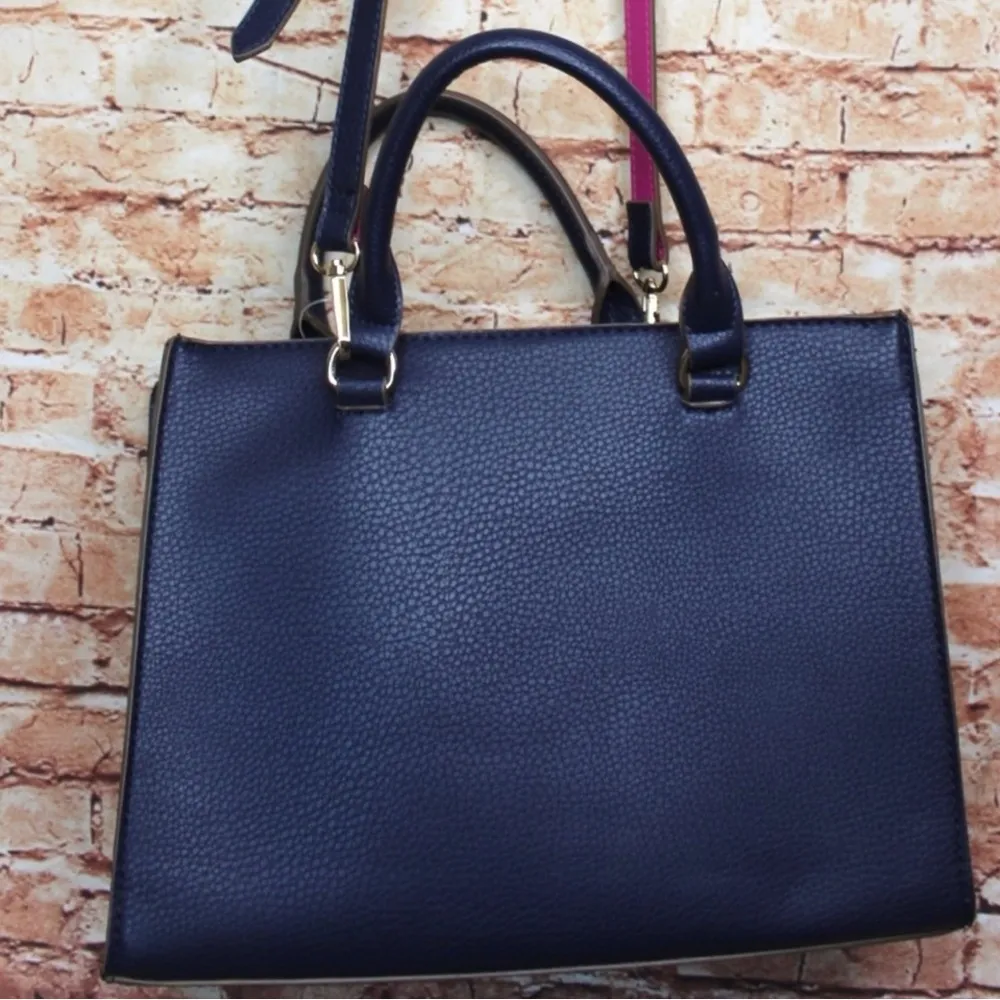 Anne Klein | Arianna Satchel Pebble Leather Navy/Violet w/Crossbody Strap - Image 10