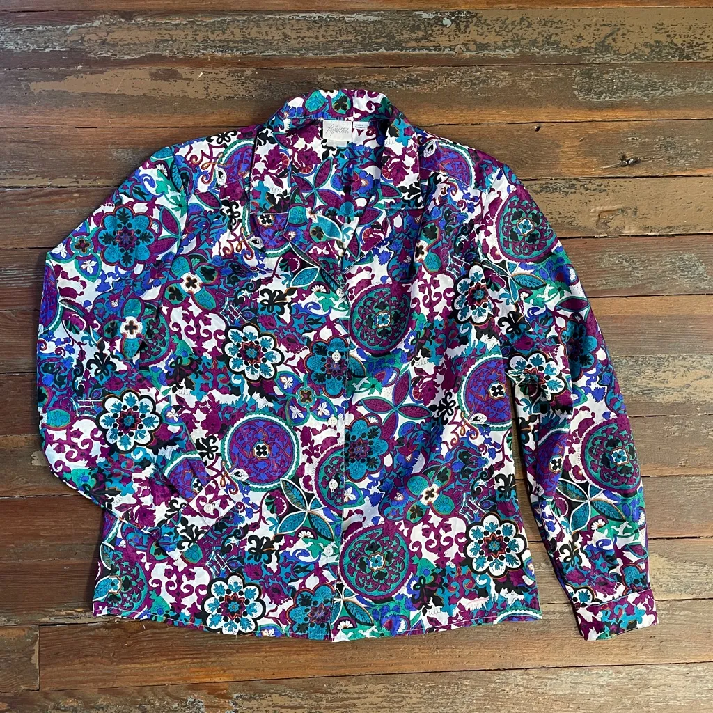 Vintage 70s 80s Pykettes Abstract Floral Pleated Button Up Blouse 💚🎀 Purple Size L - Image 8