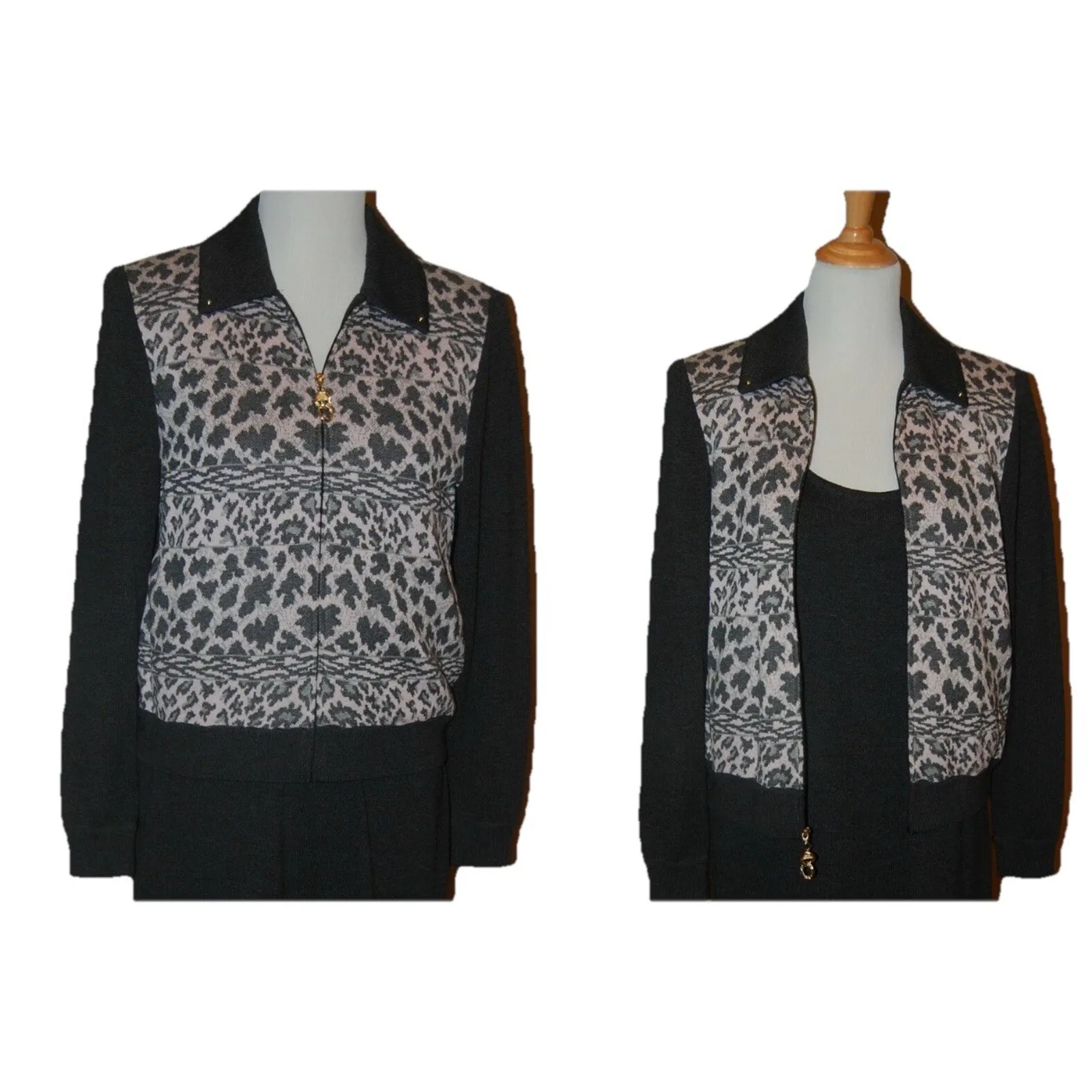 St John Collection Knits Sweater Jacket Size 10 pink leopard print black sleeves - Image 2
