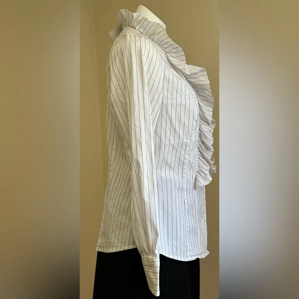 Loft Ann Taylor White With White & Black Stripes Button Down ruffle Blou… - Image 6