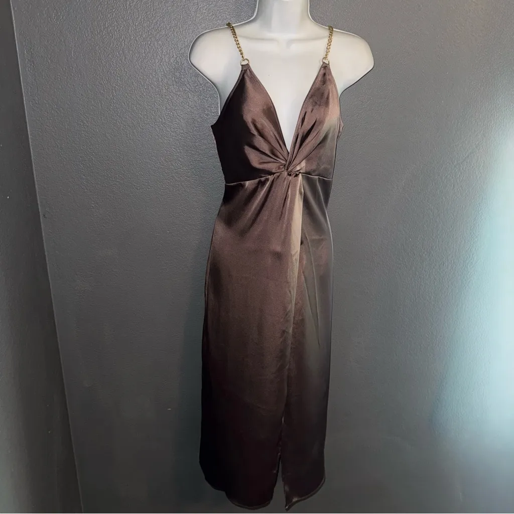 Express New w Tags Brown Satin V-Neck Gold Chain Sexy Cocktail Dress Medium - Image 6