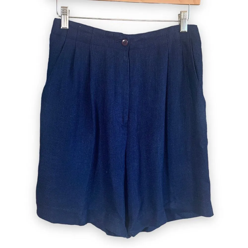 Vintage 80s Petite Sophisticate Navy Blue Tailored Pleated High Waisted Shorts Size 6P - Image 4
