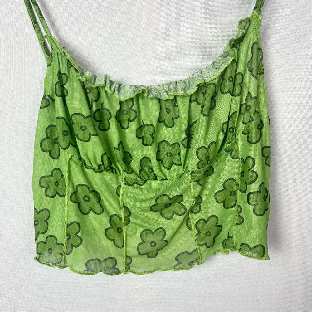 Boutique Y2K Green Floral Mesh Cropped Tank Top XL - Image 3