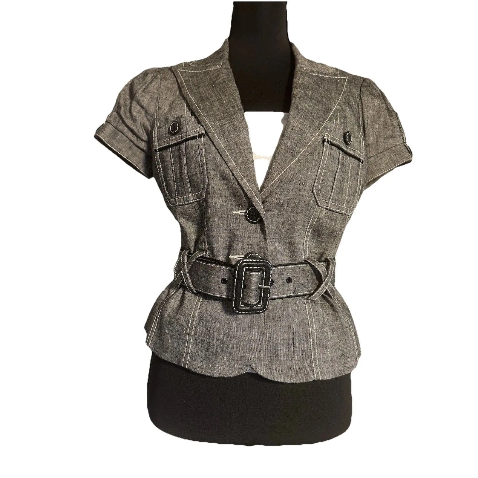 Vintage YTK Bebe Gray Baddie Short Sleeve Linen Blend Belted Woman’s Blazer Sz 6 - Image 3
