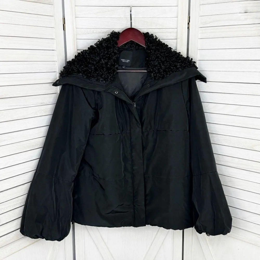 Simply Vera Puffer Jacket Faux‎ Fur Collar Hood Black Medium Balloon Sleeve - Image 10