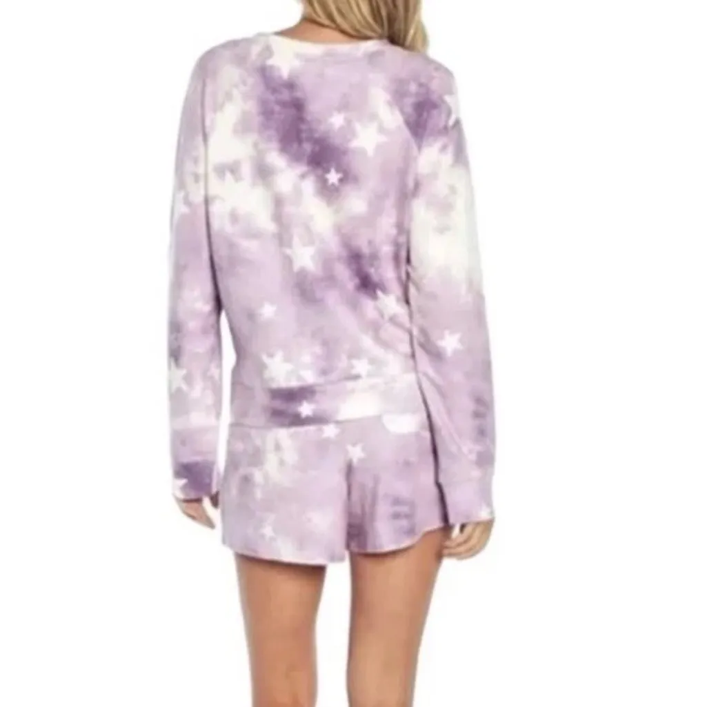 Wildfox Lounge Set Tie Dye Stars in Purple & White Sz XL NWT Sweatshirt & Shorts - Image 3