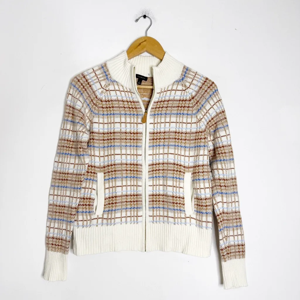 Talbots Zip Front Plaid Sweater Jacket Raglan Knit Brown Blue Small - Image 3