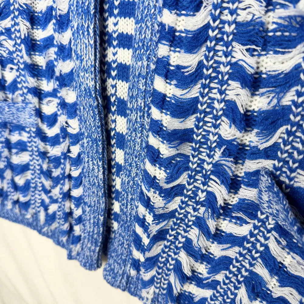 Open Front Striped Fringe Cardigan Sweater Small Medium Blue White - Image 4