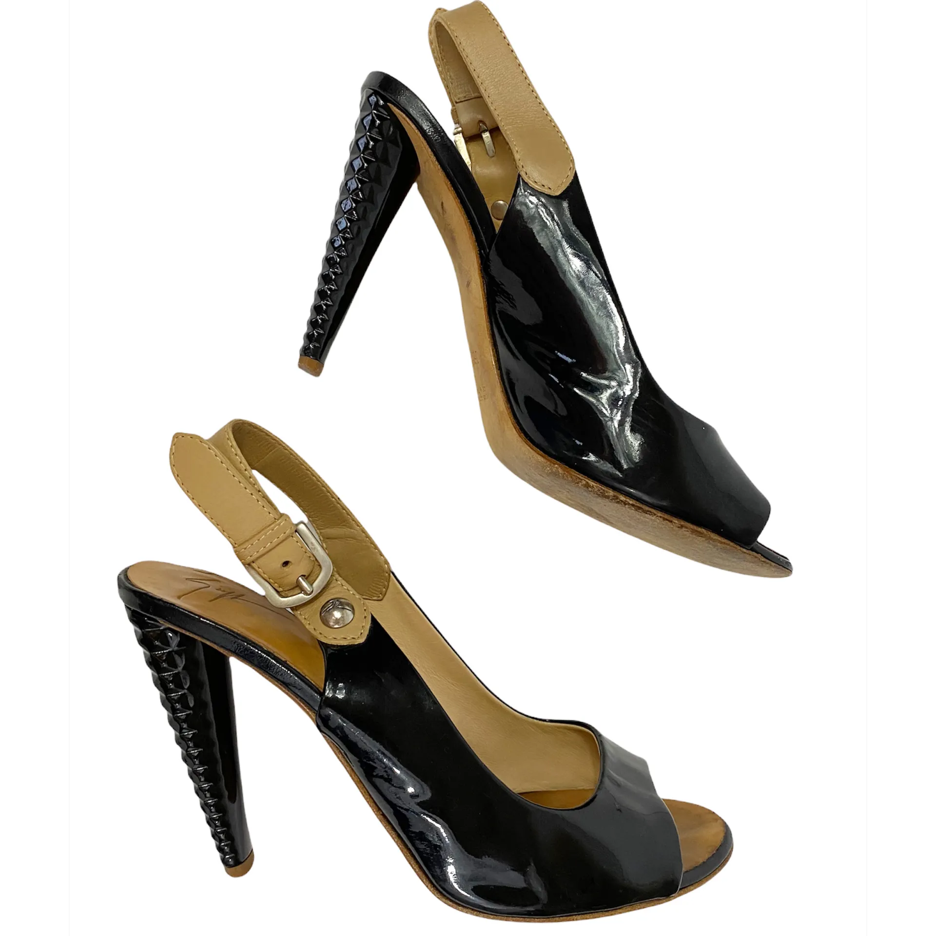 Authentic GIUSEPPE ZANNOTI Slingback peep toe pump black heels 36.5 Made Italy - Image 1