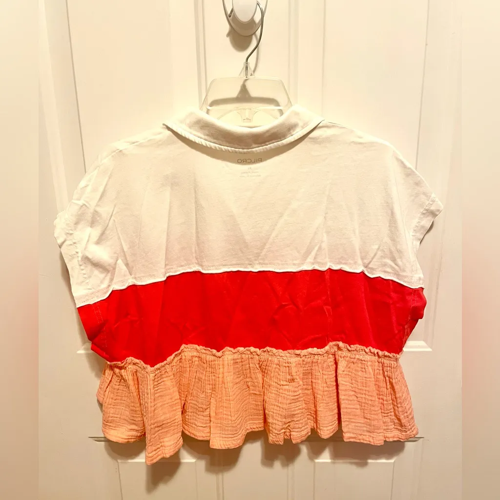 Anthropologie Pilcro color block boxy cropped polo shirt with ruffle hem XS/S White - Image 4