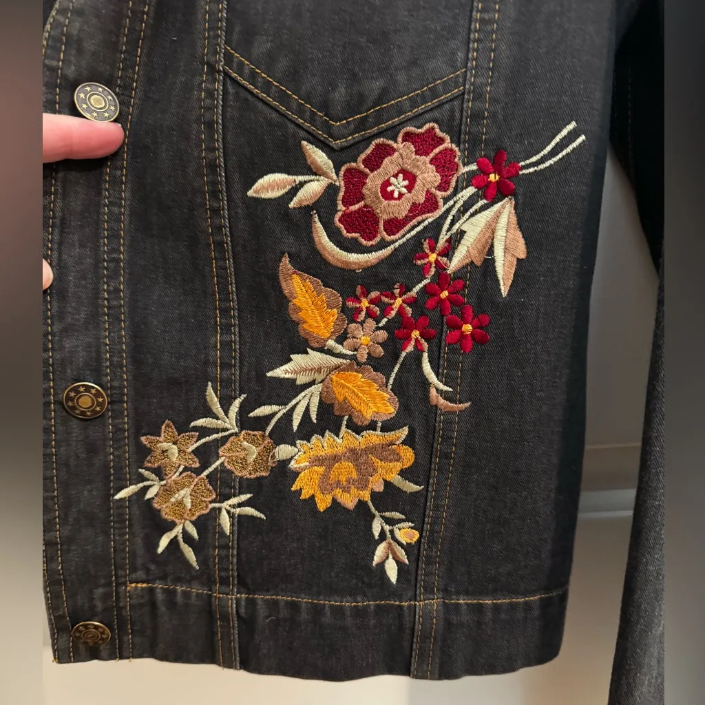 Coldwater Creek Denim Jean Embroidered Jacket Black Gold Green Small - Image 3