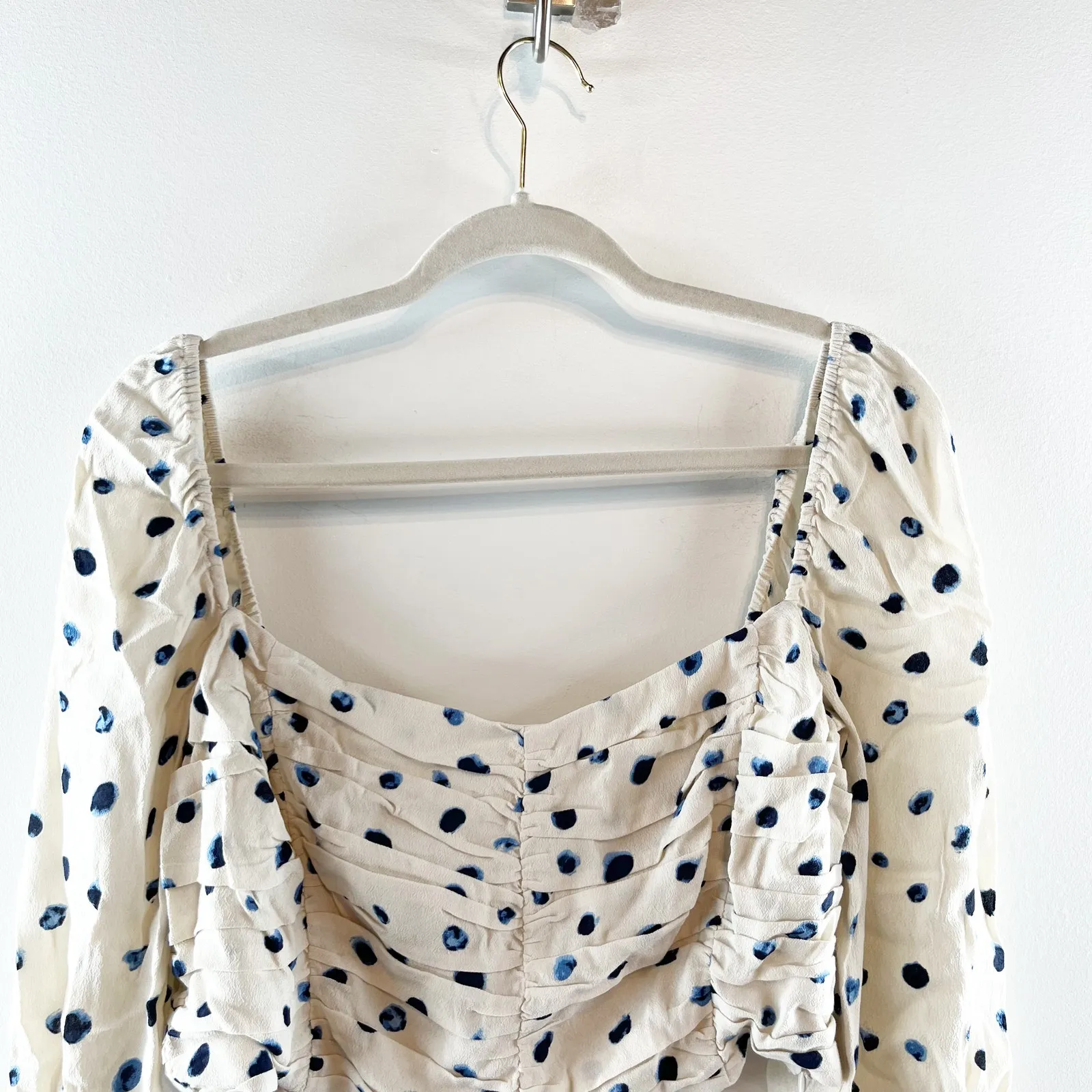 Wilfred Puff Sleeve Polka Dot Crop Lolita Blouse Birch Classic Navy Large NWT - Image 6