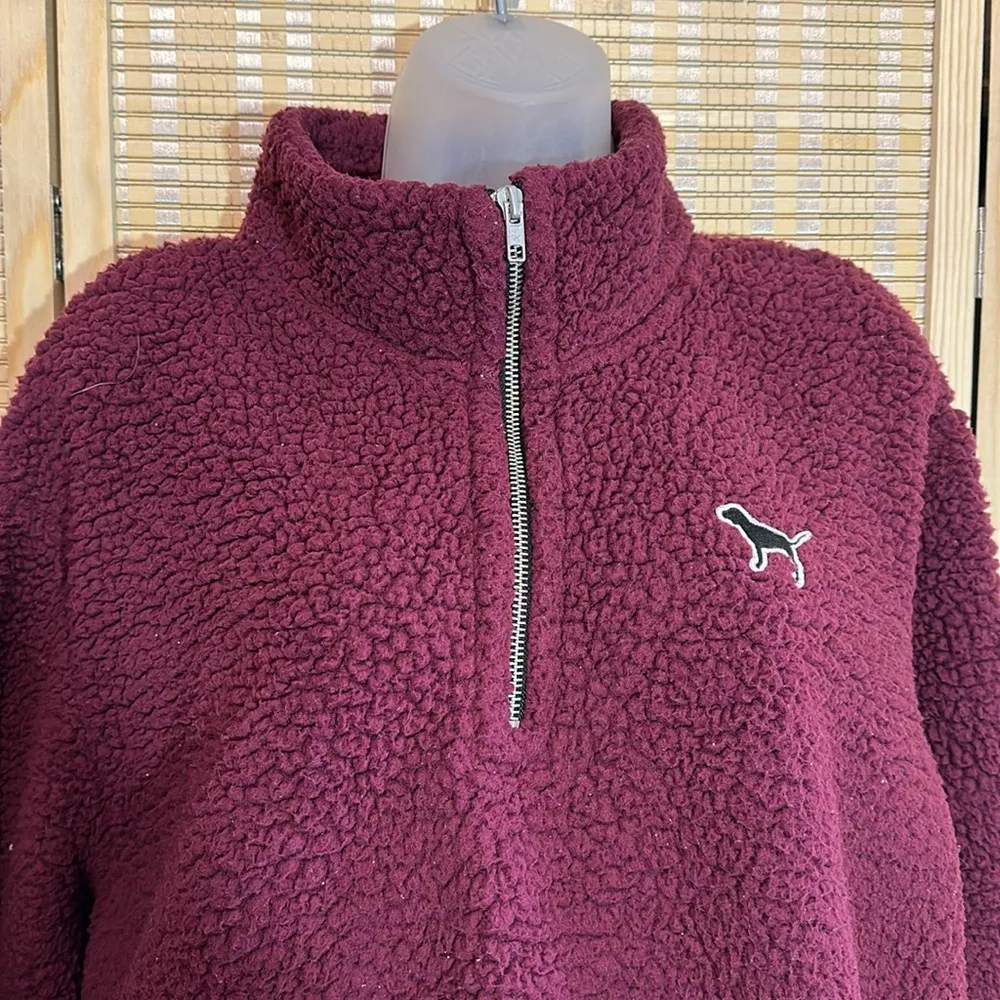 PINK Victoria's Secret Burgundy Half Zip Fleece Sweatshirt Pullover Jacket Large - Image 2