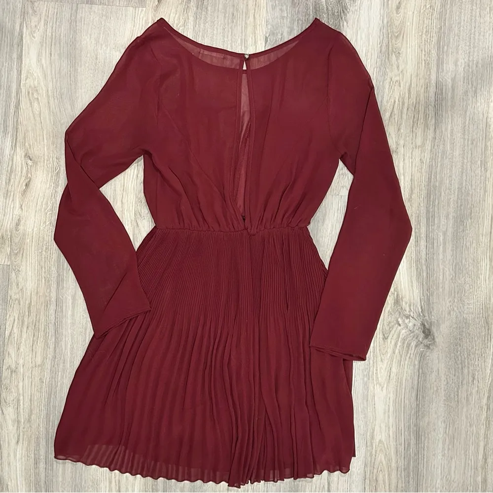 Everly Maroon Red Formal Chiffon A-Line Long Sheer Sleeve Mini Dress Size S - Image 6