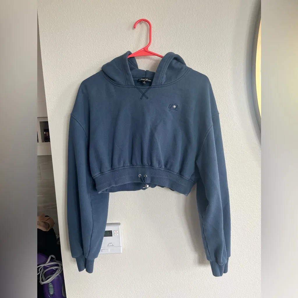 For Love & Lemons Hooded Sweatshirt Blue Josie Cropped Hoodie Soft Fleece Sz m - Image 2