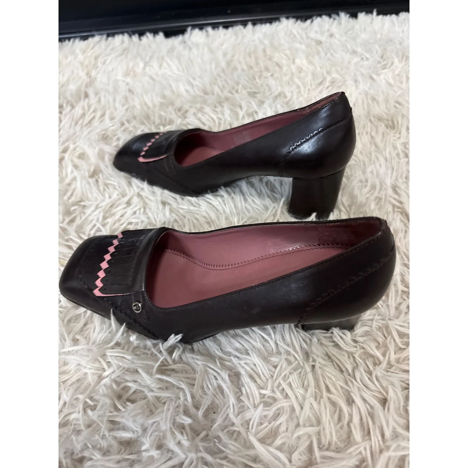 Etienne Aigner Women Dark Brown Leather Square Toe Fringe Block Heel Pumps Sz6 - Image 5