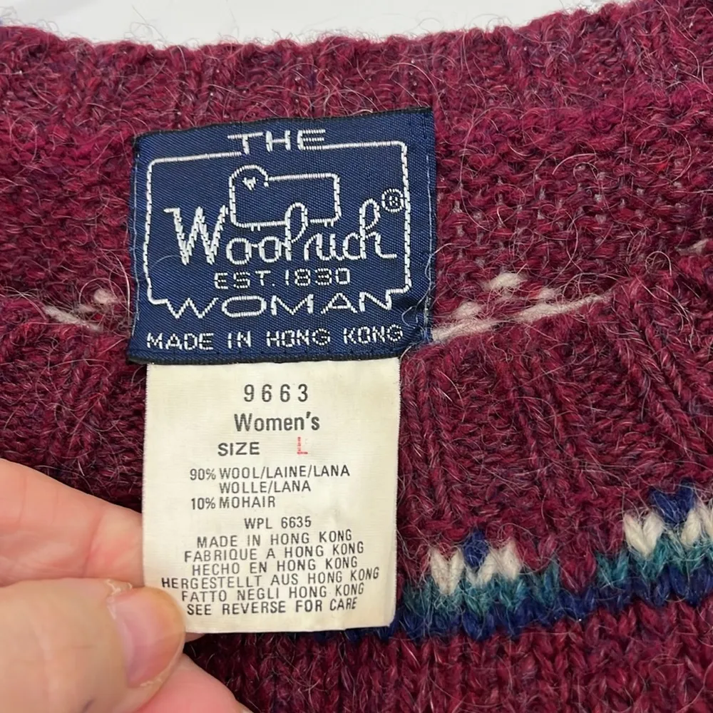 The Woolrich Vintage Large Wool Mohair Maroon Knit Reindeer Fair Isle Sweater - Image 6