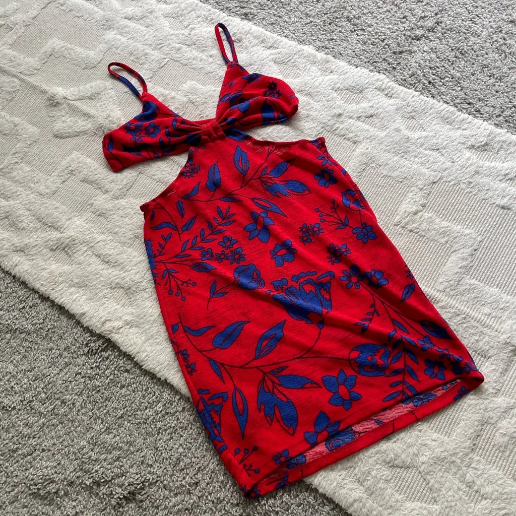 Shein red flower side cut out Bodycon fitted mini sun dress - Image 2