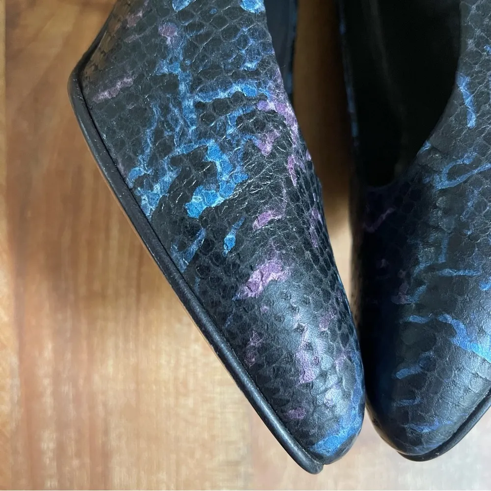 Vintage 80s Leather Snakeskin Maripe Heels Pumps Black Blue Purple 7.5 38.5 - Image 6