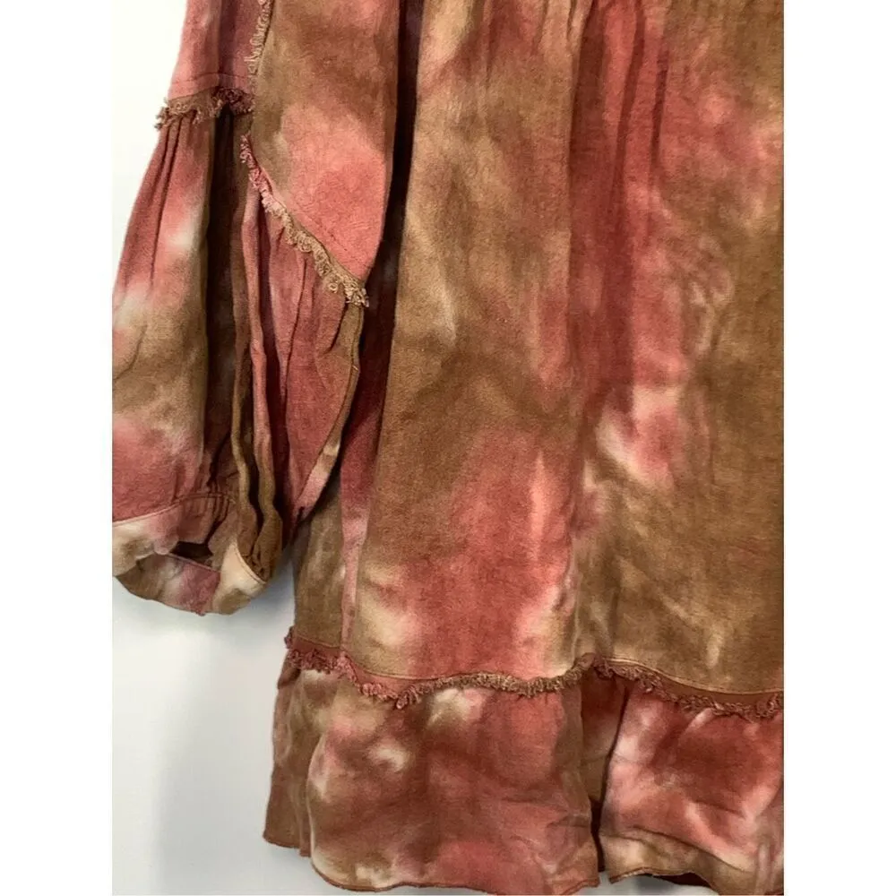 Tru Luxe Women's Tie Dye Linen Blend 3/4 Sleeve Tunic Top Red Brown Size Large - Image 6