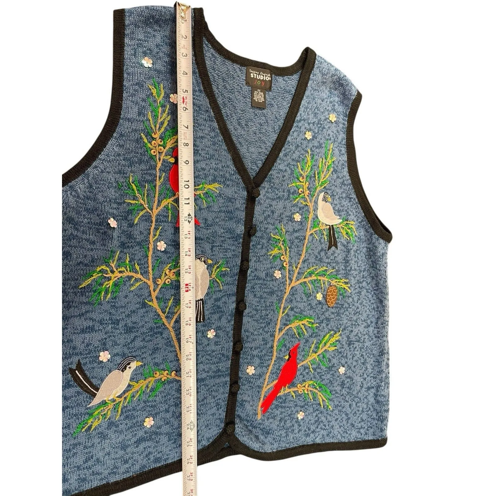 VTG Designers Originals Women’s 2X Embroidered Bird Cardinals Sweater Vest 90s Blue - Image 7