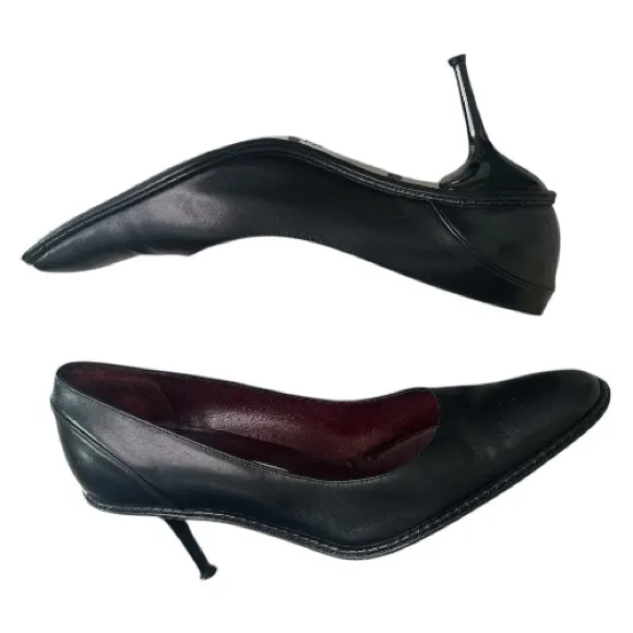 A. Testoni Made In Italy Black Leather Pumps 37.5 (US 7 7.5) Stiletto Heel - Image 3