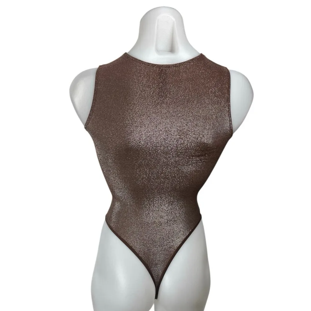 Skims Brown Metallic Glitter Shimmer Sleeveless  Bodysuit Thong Tank Top Sz XXS - Image 2