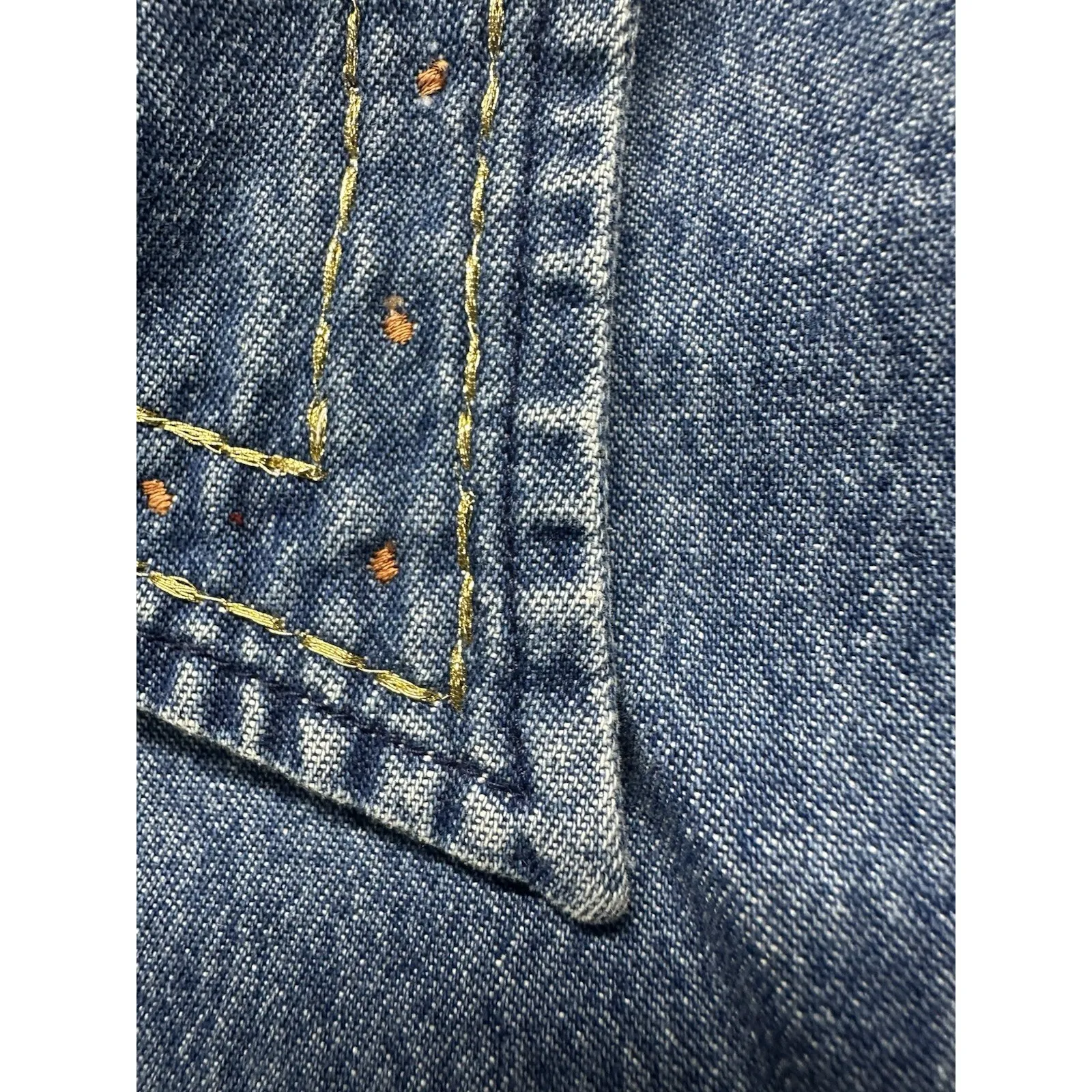 ERIKA Vintage Blue Denim Button Up Shirt L 3/4 Sleeve Fall Leaves Embroidery - Image 3