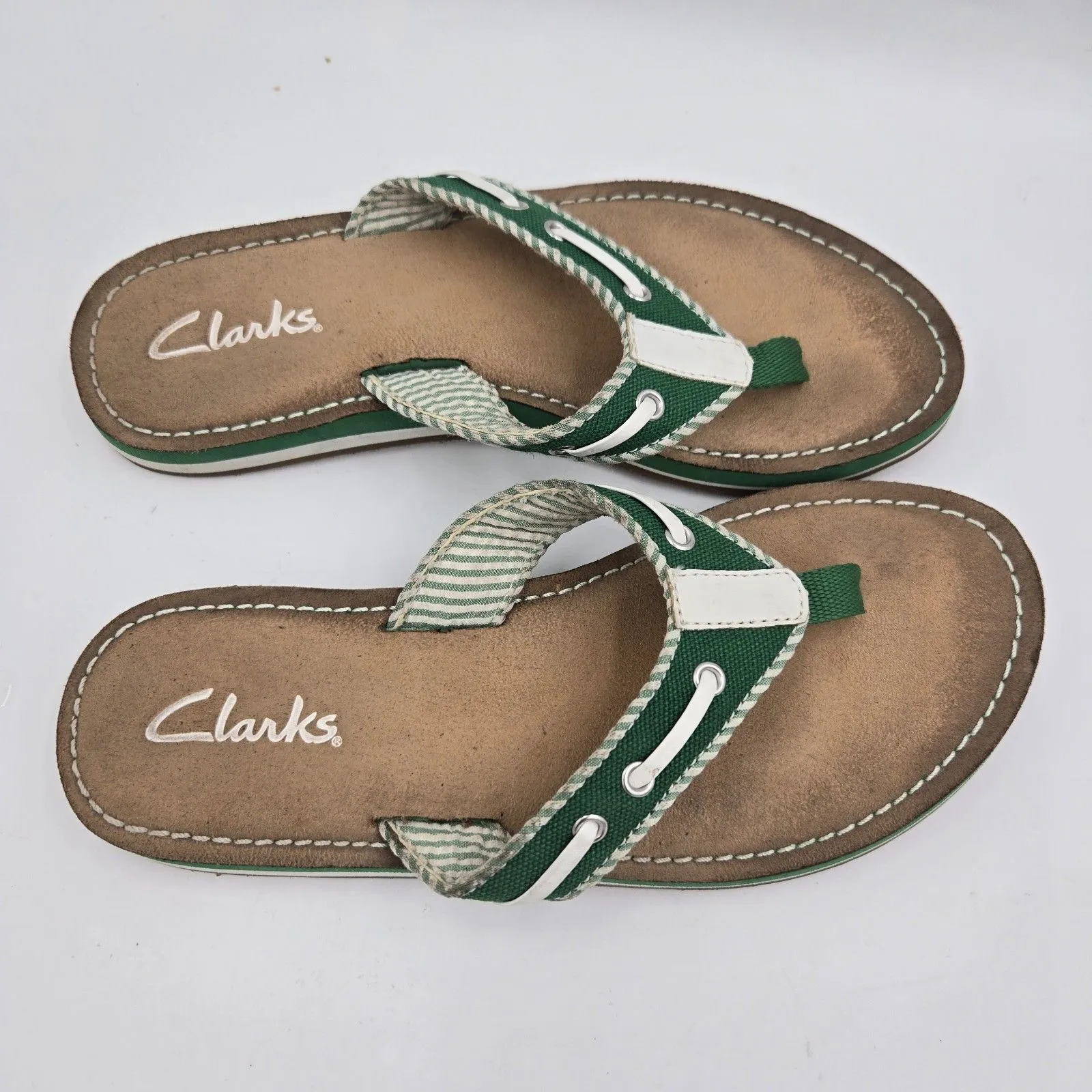 Clarks Sandals Womens 5 M Flo Cherrymore Slip On Thong Flip Flops Green White - Image 4