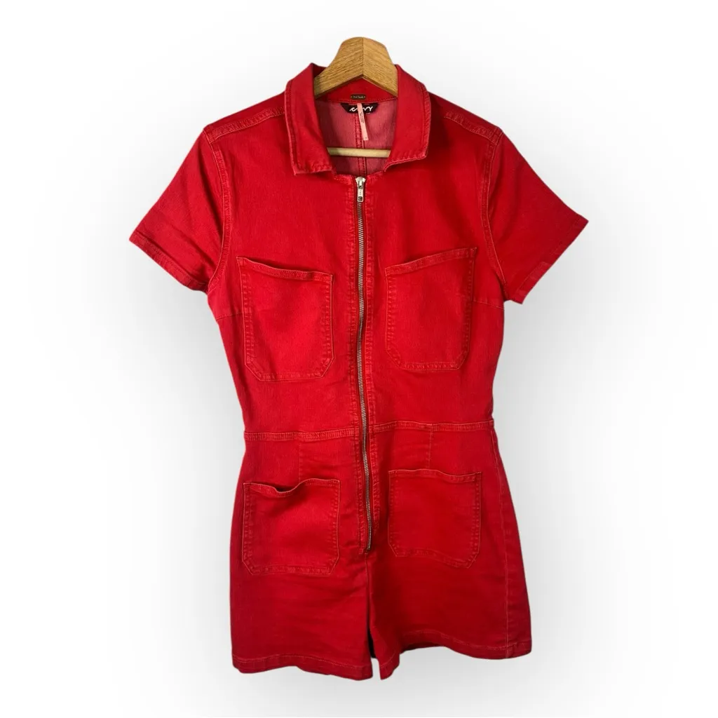 Free People Crvy size 10 Formula One Red Denim Zip Up Lennox Romper Shortsuit - Image 2