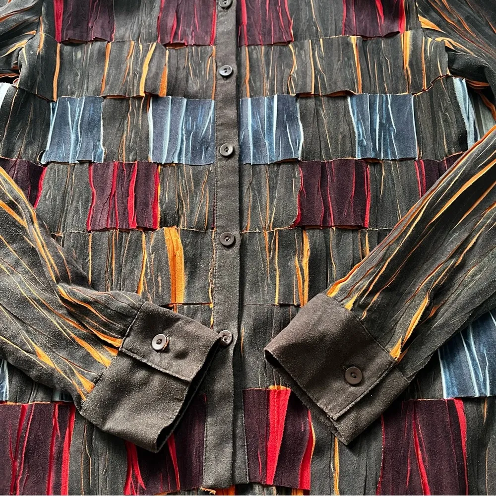 Vintage Fantazia Faux Suede Weaved Shredded Button Down Shirt Brown/Multi, Sz S - Image 13