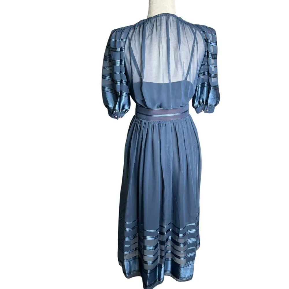 Vintage Blue Sheer Midi Dress Sz Small Metallic Striped Puff Sleeves Belted - Image 7