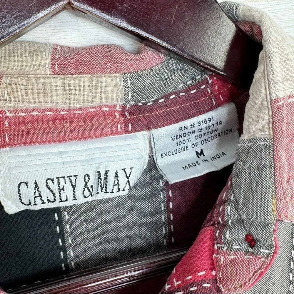 Casey & Max Embroidered Leaves Patchwork Buffalo Check Button Front Shirt Medium Red - Image 10