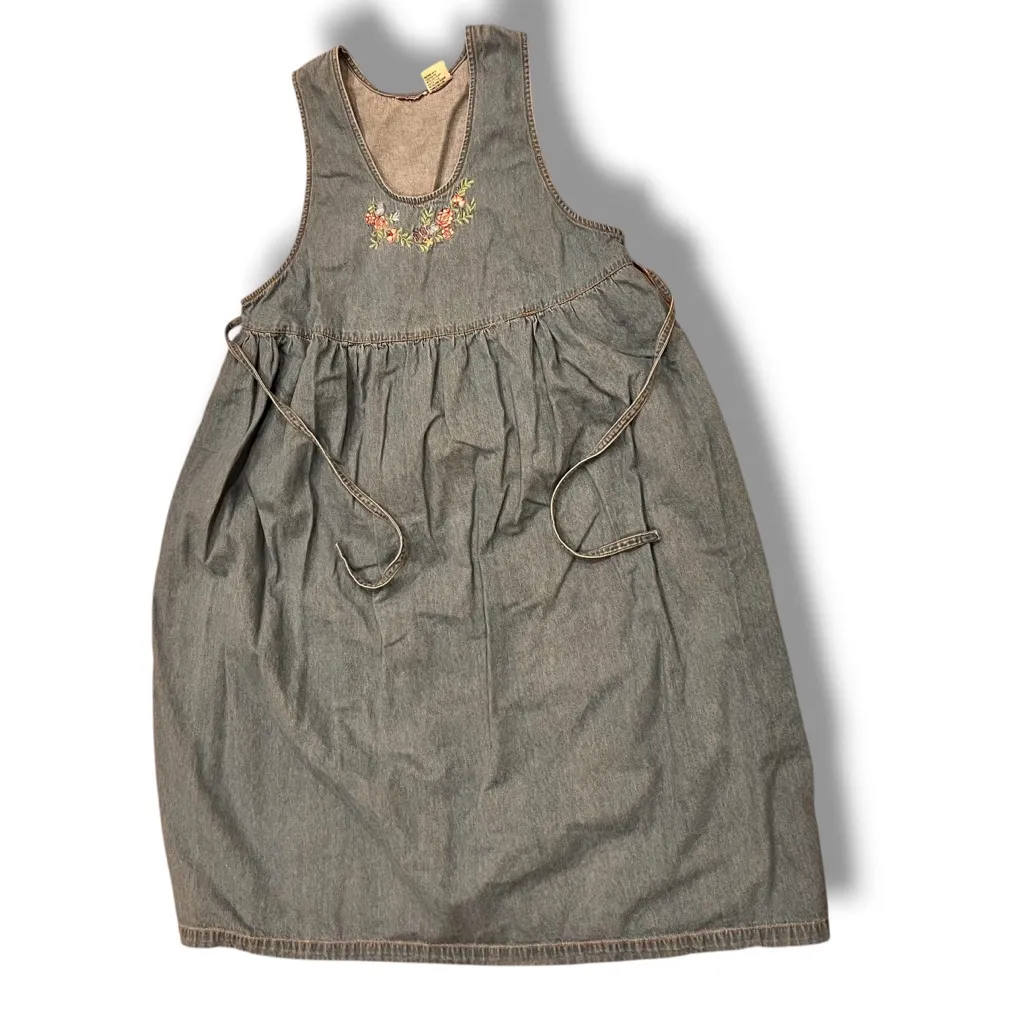 Vtg 90s Denim Modest Jumper Dress Size S/M Embroidered Floral Empire Waist Tie Blue - Image 2