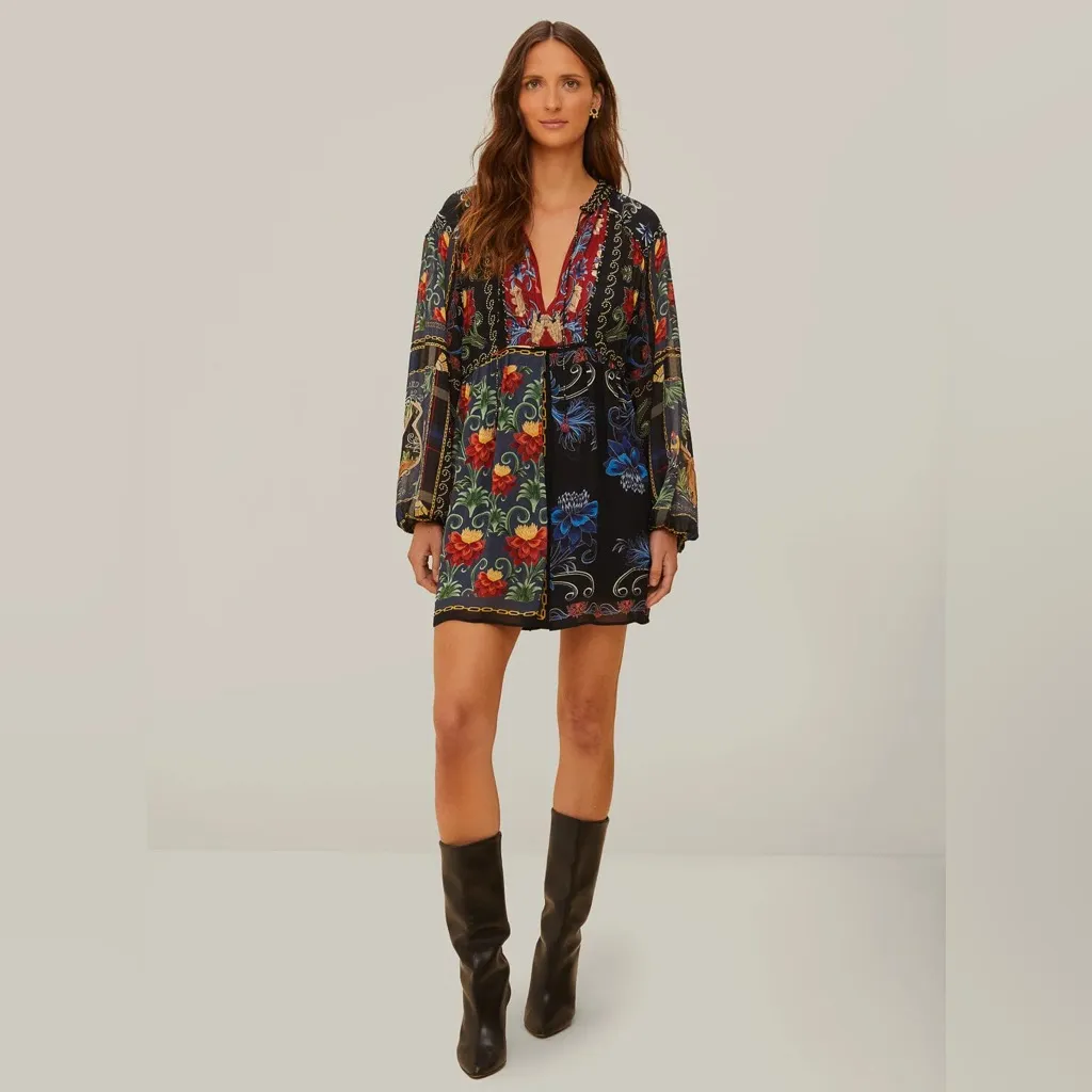 Farm Rio Black Mixed Arabesque Scarves Long Sleeve Mini Dress M - Image 8