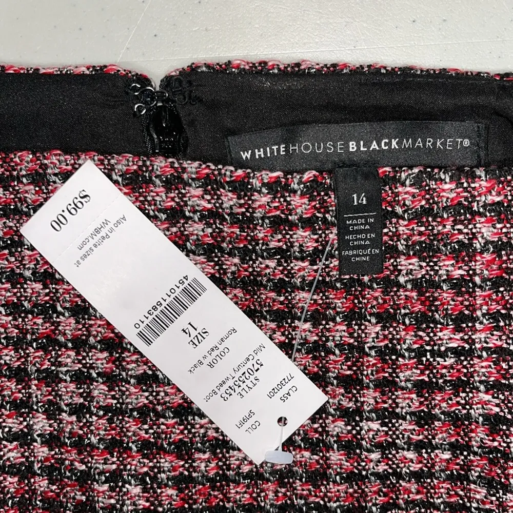 White House Black Market NWT 14 Red Black Metallic Mid Century Tweed Boot Skirt - Image 3