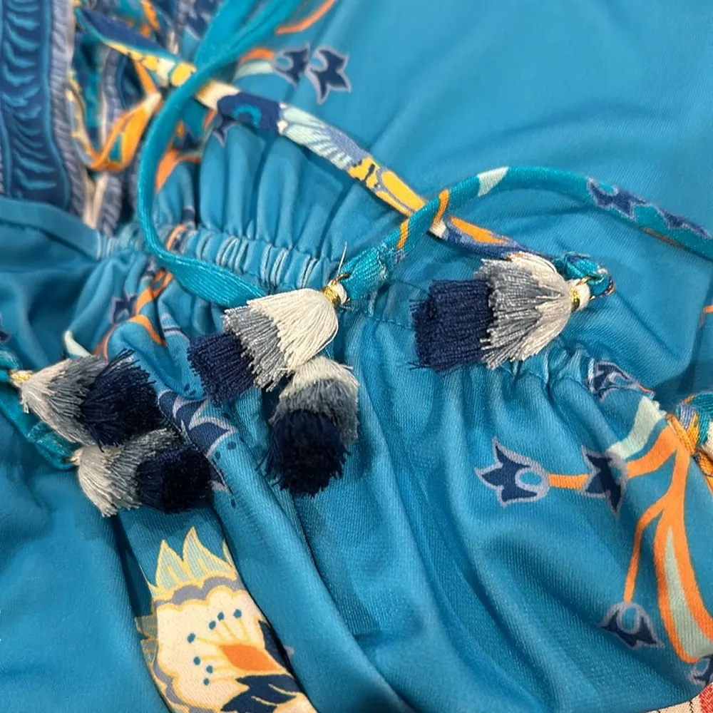 HALE BOB SLEEVELESS VNECK LACEUP FRONT TASSEL TIES CINCH SIDES BLUE PRINT DRESS - Image 4