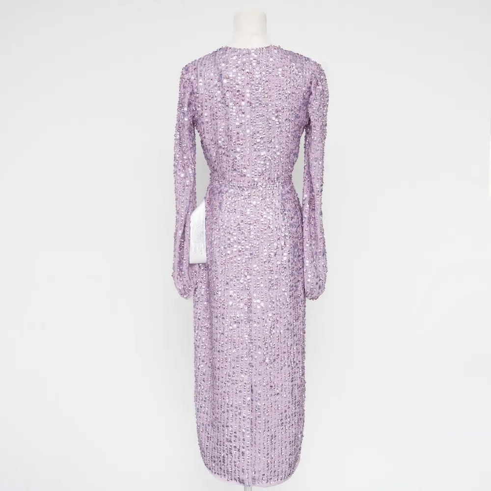 Mac Duggal Purple Sequin Puff Sleeve V Neck Midi Dress - Image 3