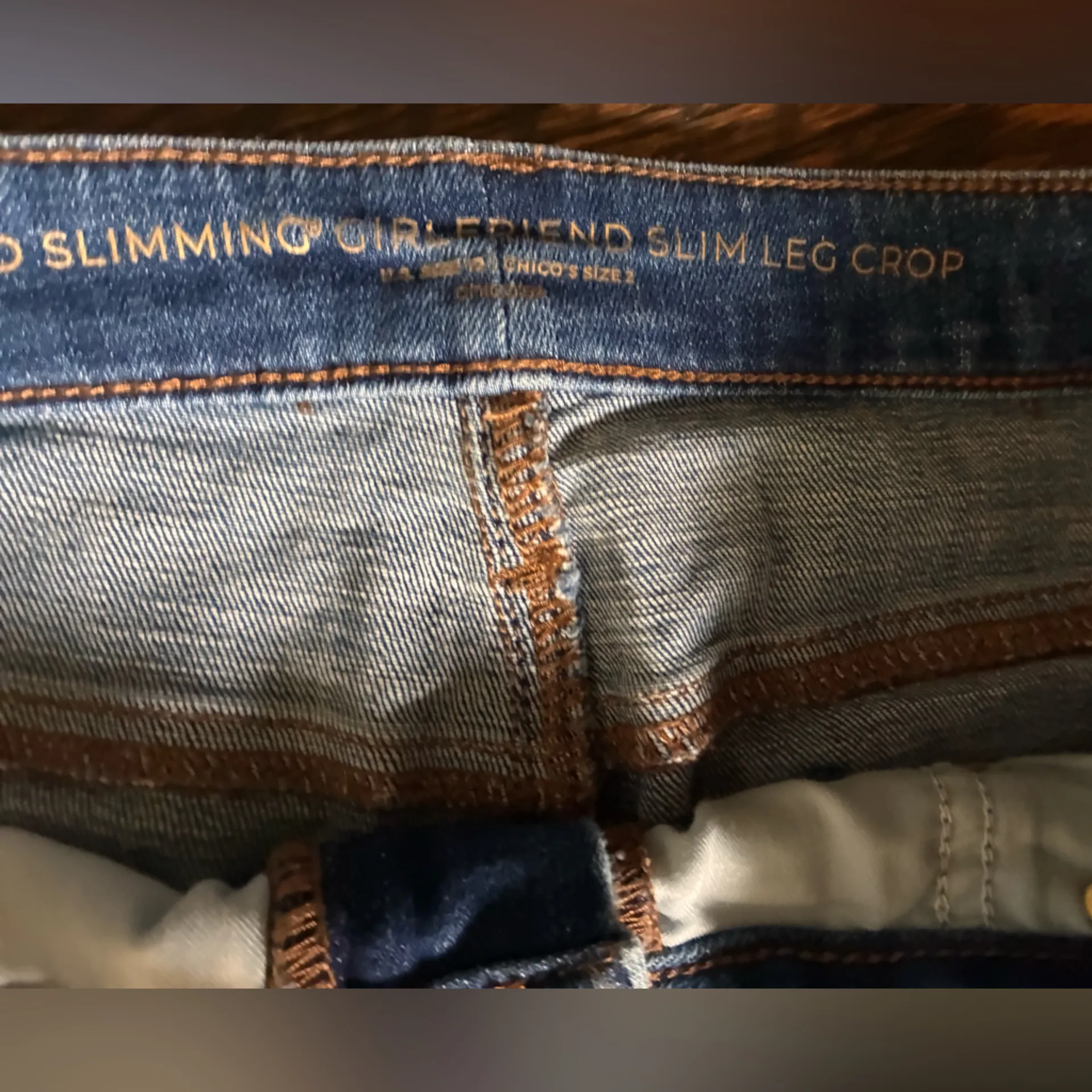 Chico’s So Slimming Girlfriend Slim Leg Crop Embroidered Blue Jeans - Image 3