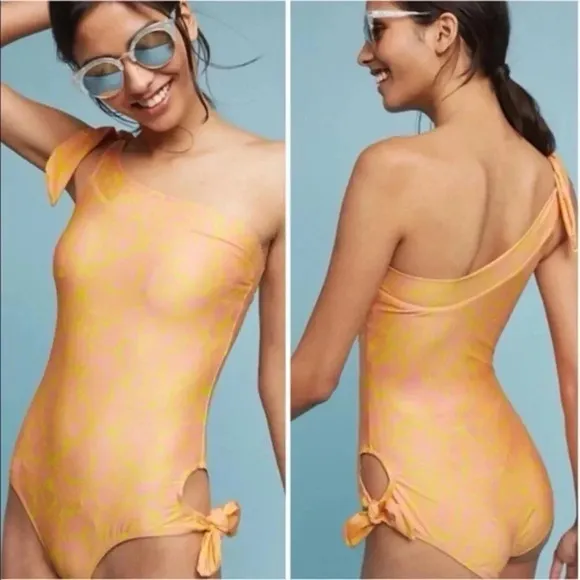 Anthropologie Allihop One Piece One Shoulder Swimsuit Pink Yellow Floral Size M - Image 2