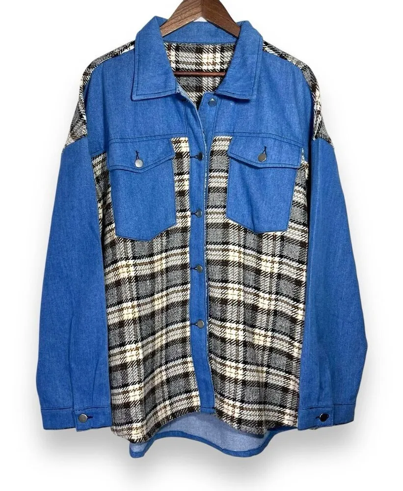 Chambray Denim & Plaid Flannel Shacket | Women's Plus Size 2X | Unbranded Jacket Blue - Image 1