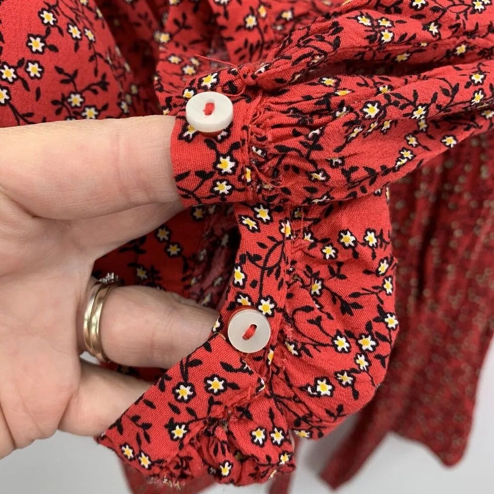 Free People Size XS Mini Dress Clara Floral Tie-waist Tunic In Red Floral V-Neck - Image 8